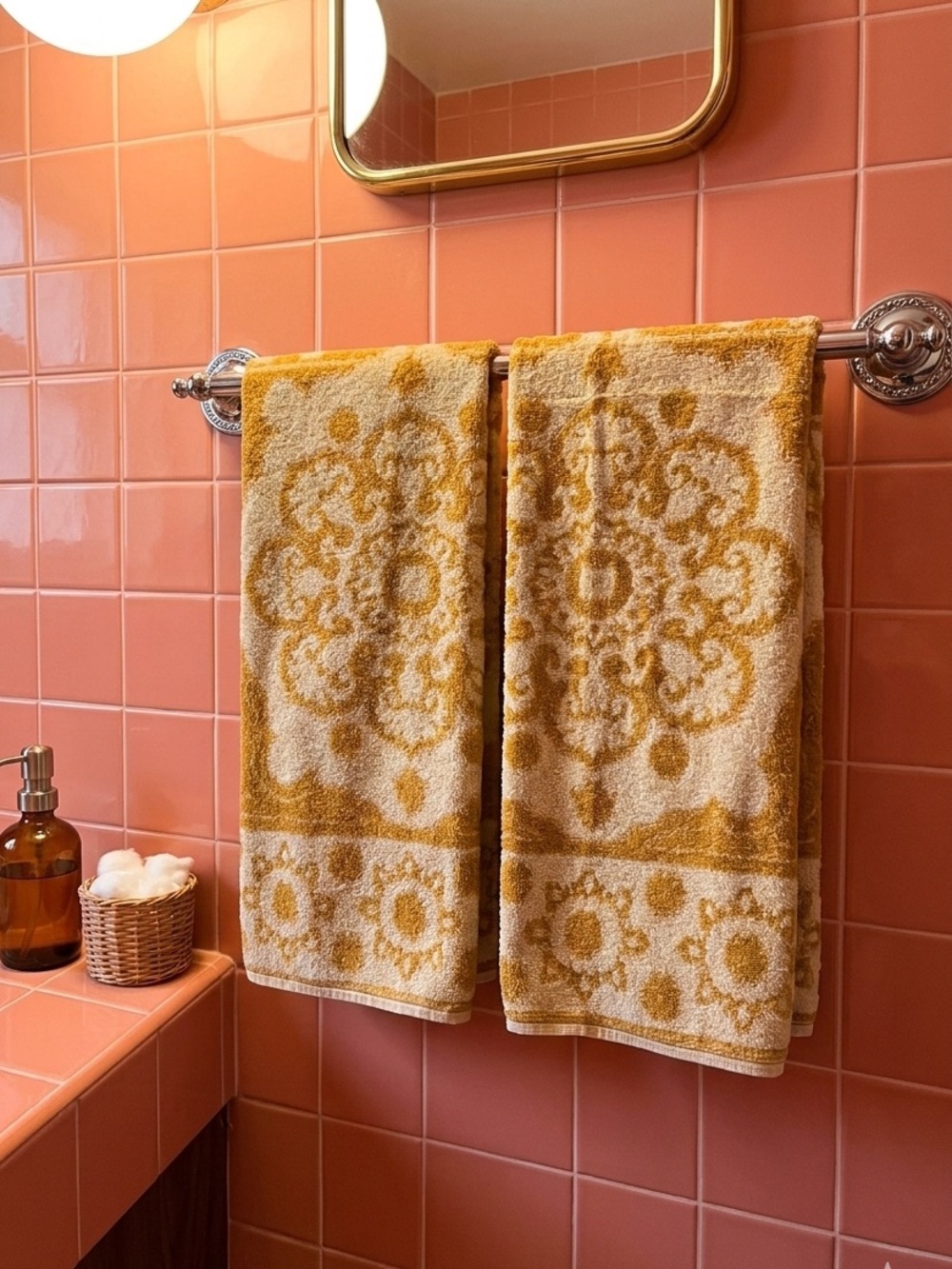 Vintage MCM Geometric Jacquard Hand Towels Mustard Yellow Set of 2 Old School 70